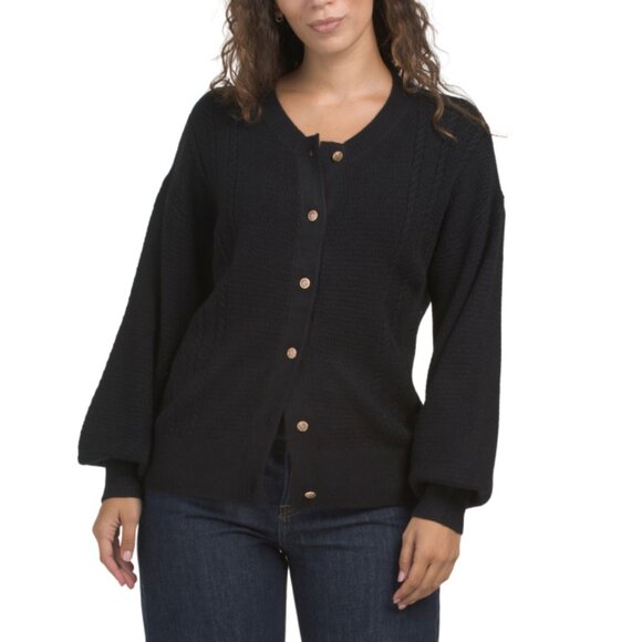CYRUS Black Cable Knit Puff Sleeve Cardigan - Picture 1 of 2